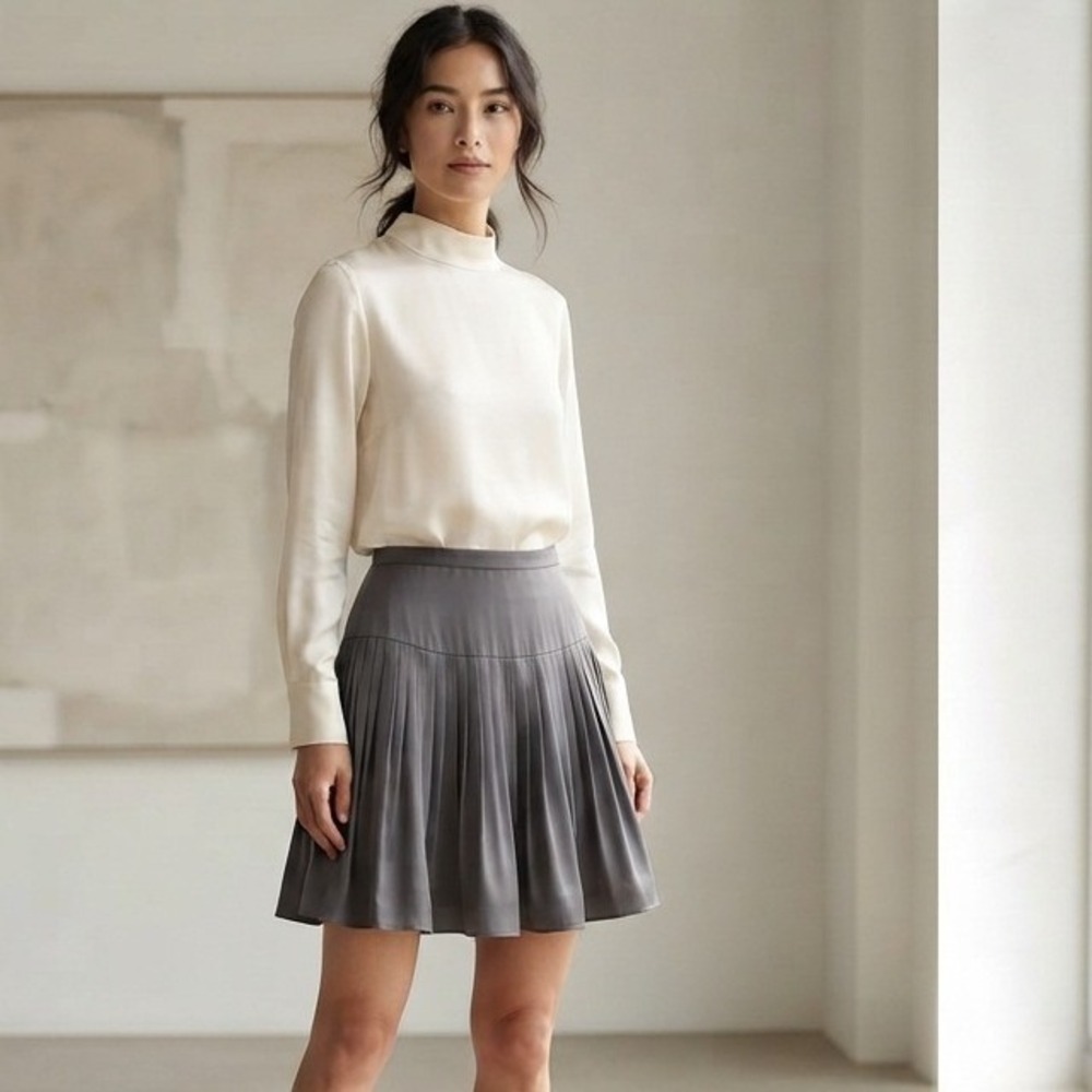 To The Max Pleated Skirt Womens 4 Grey 100% Silk Drop Waist Minimalist Coquette